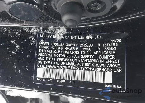 2021 Honda Civic Sport Touring from USA, damaged, VIN SHHFK7H92MU210492